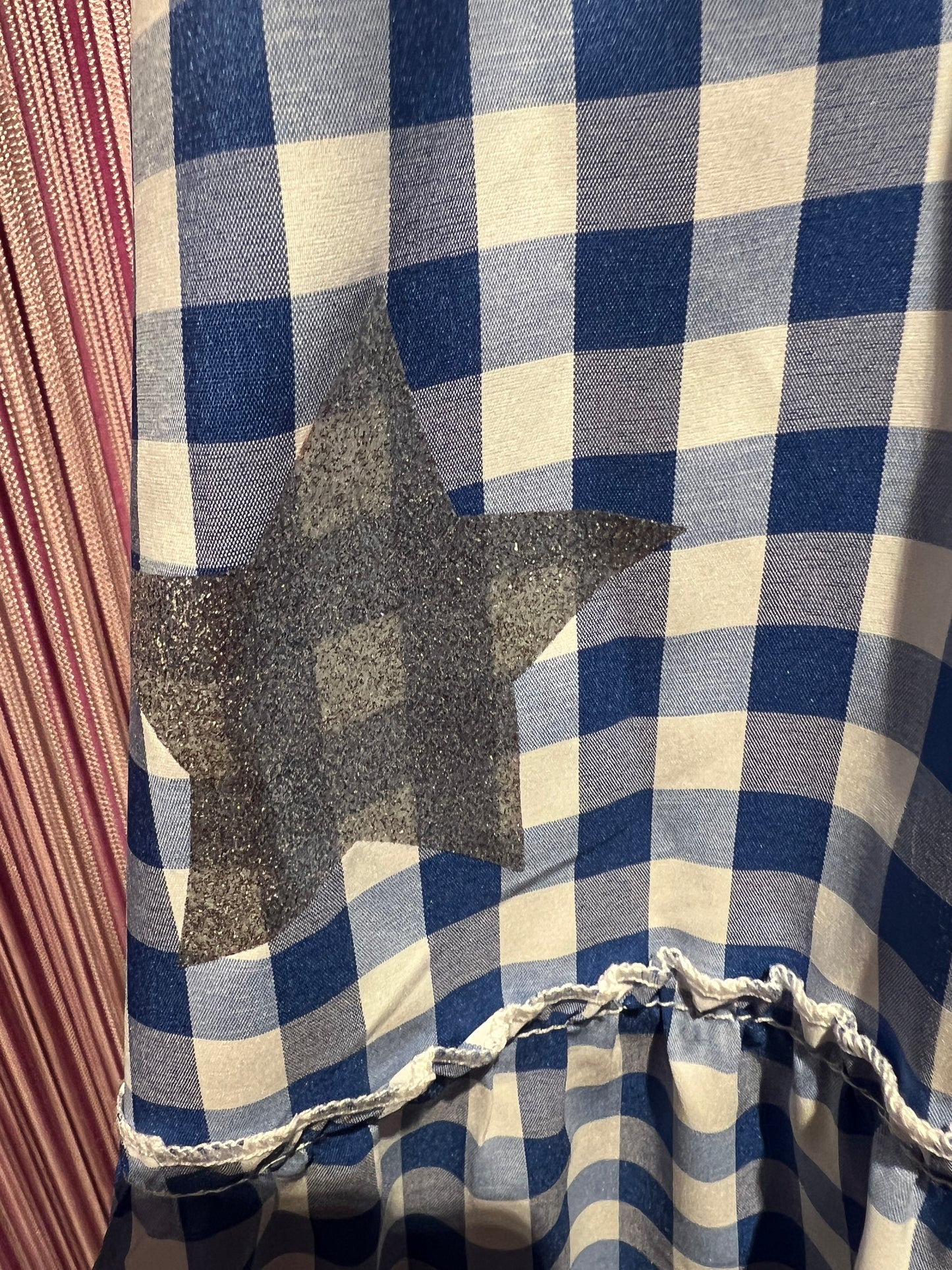 Mon amour Paris -50% abito lungo quadretti vichy con applicazione pizzo  schiena e stelle glitter argento