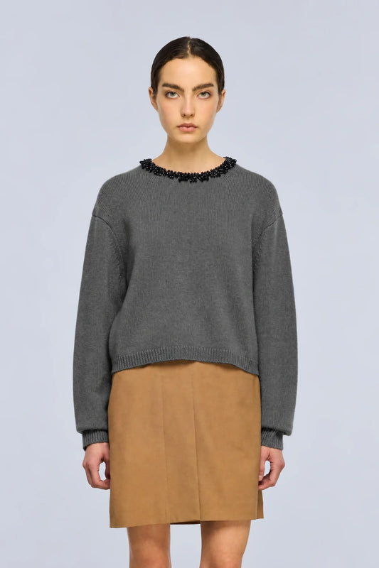 Semicouture maglia grigio scuro in misto cashmere ricamato di perline, manica lunga con scollo rotondo