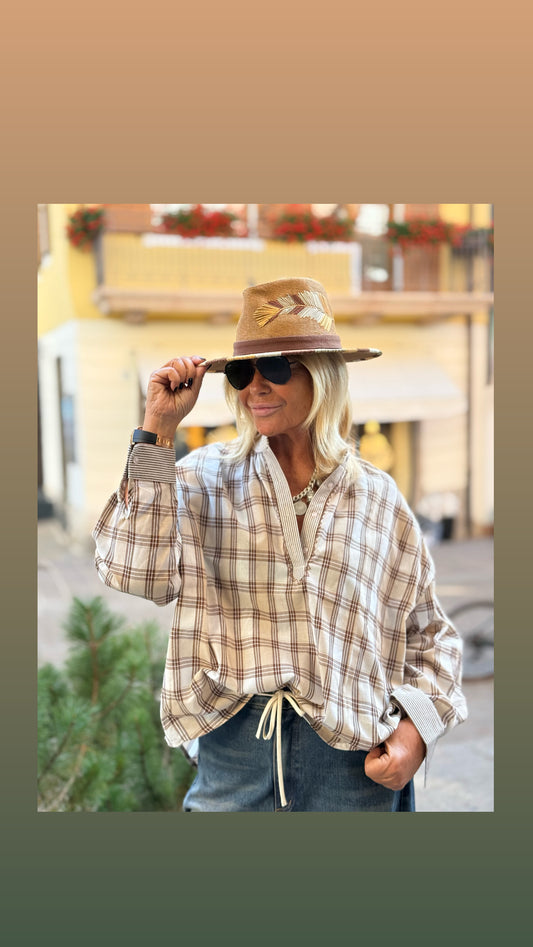 Mon amour Paris camicia quadri e righe marrone e panna
