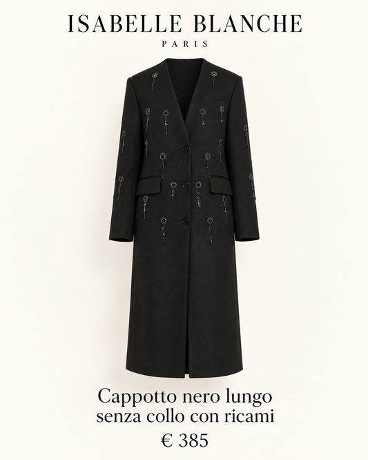Isabelle Blanche Paris cappotto nero lungo senza collo con ricami strass