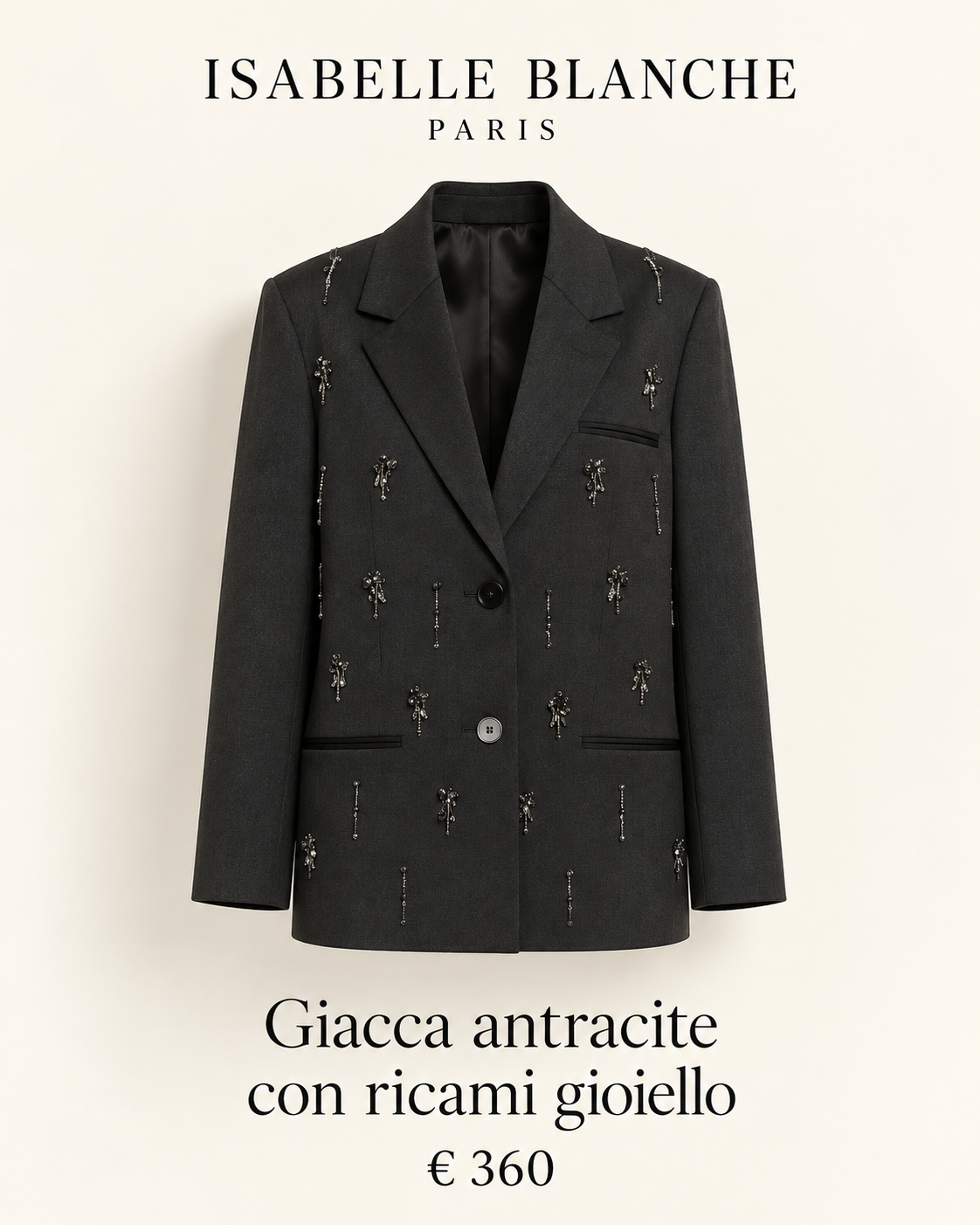 Isabelle Blanche Paris giacca antracite con ricami gioiello
