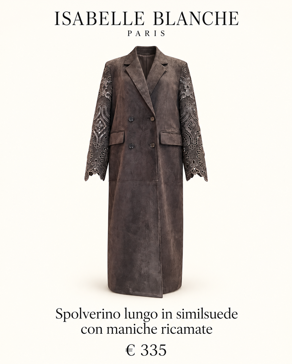 Isabelle Blanche Paris spolverino lungo in similsuede con maniche ricamate