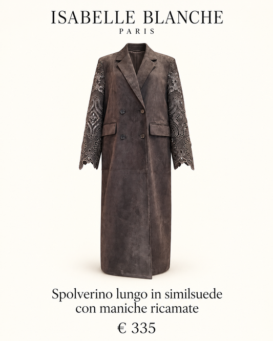 Isabelle Blanche Paris spolverino lungo in similsuede con maniche ricamate