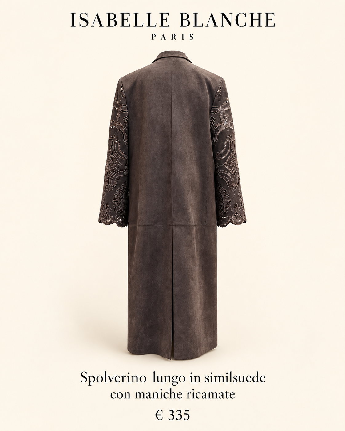 Isabelle Blanche Paris spolverino lungo in similsuede con maniche ricamate
