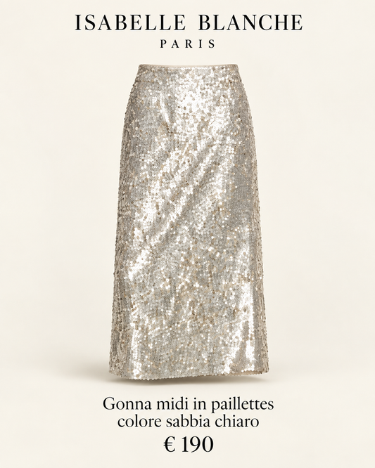 Isabelle Blanche Paris gonna midi in paillettes colore sabbia chiaro