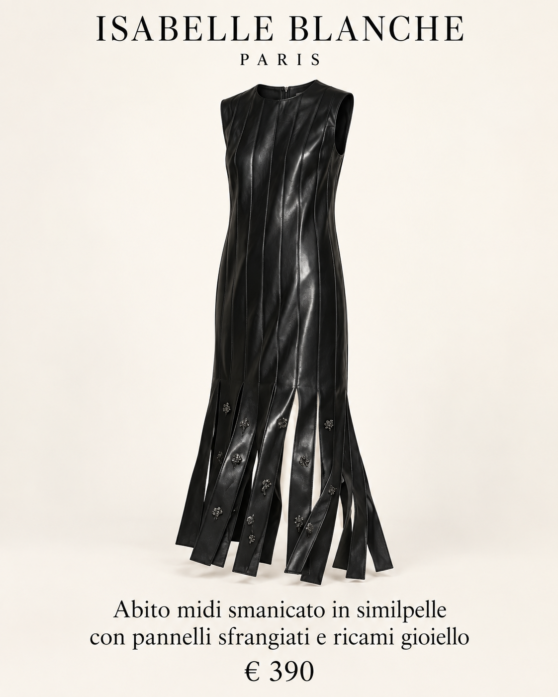 Isabelle Blanche Paris abito smanicato midi nero in similpelle con pannelli sfrangiati e ricami gioiello