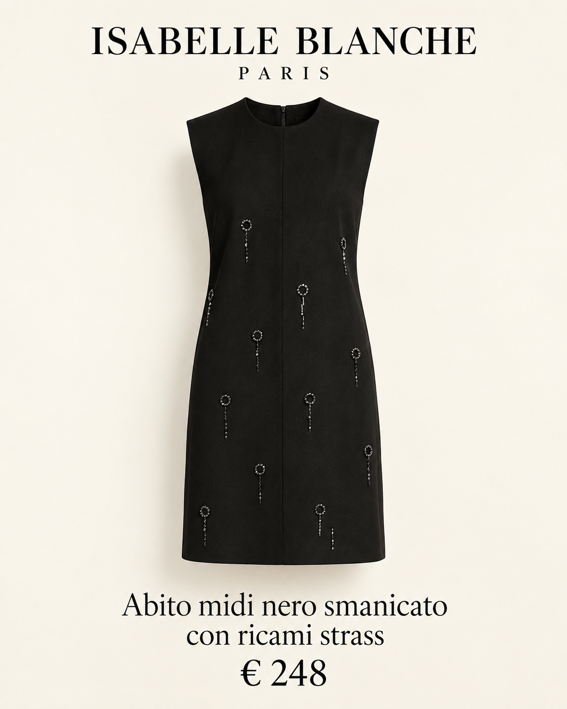 Isabelle Blanche Paris abito midi nero smanicato con ricami strass