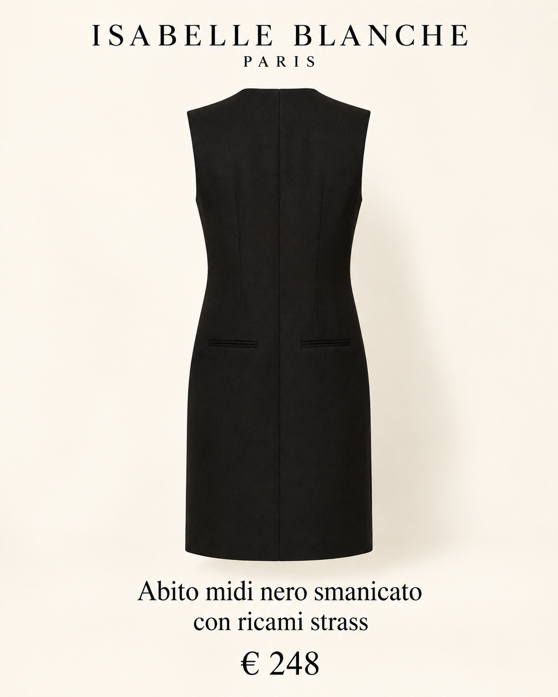 Isabelle Blanche Paris abito midi nero smanicato con ricami strass