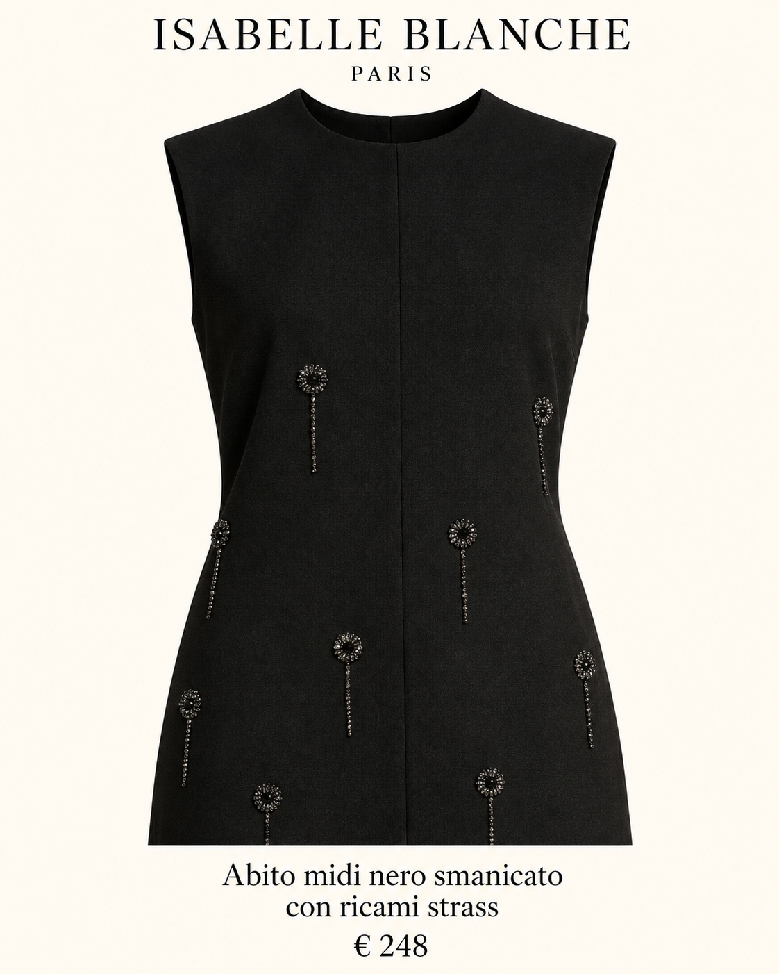 Isabelle Blanche Paris abito midi nero smanicato con ricami strass