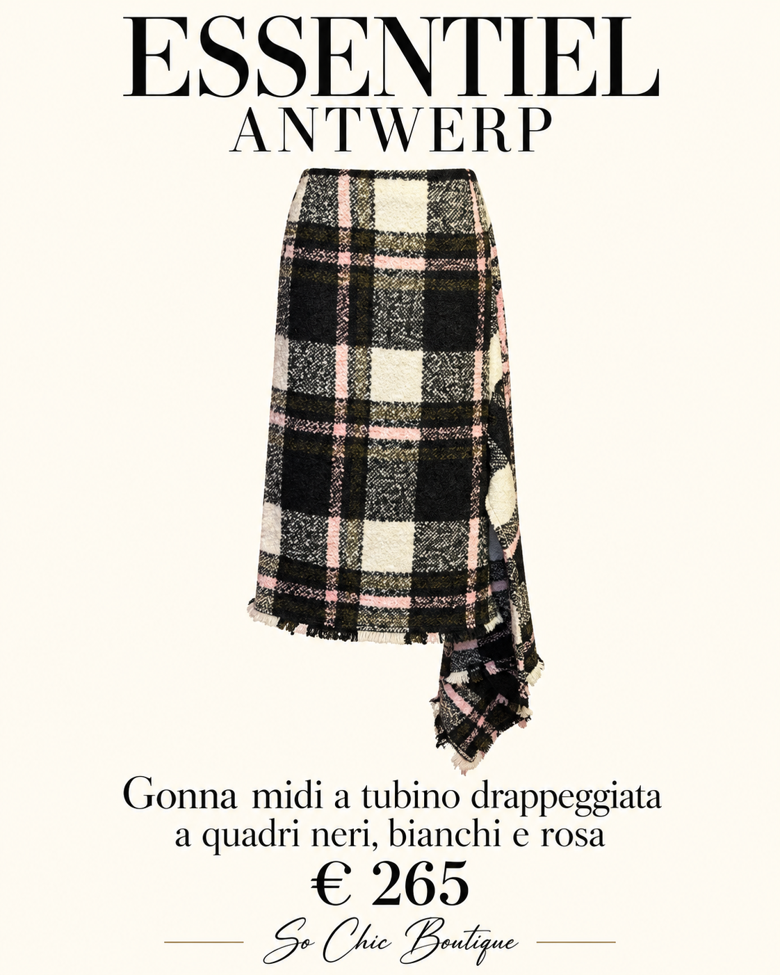 Essentiel antwerp gonna midi a tubino drappeggiata a quadri neri bianchi e rosa