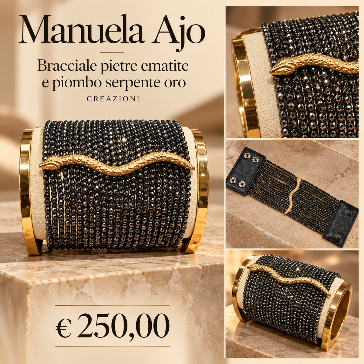 Manuela Ajo creazioni bracciale pietre ematite piombo serpente oro