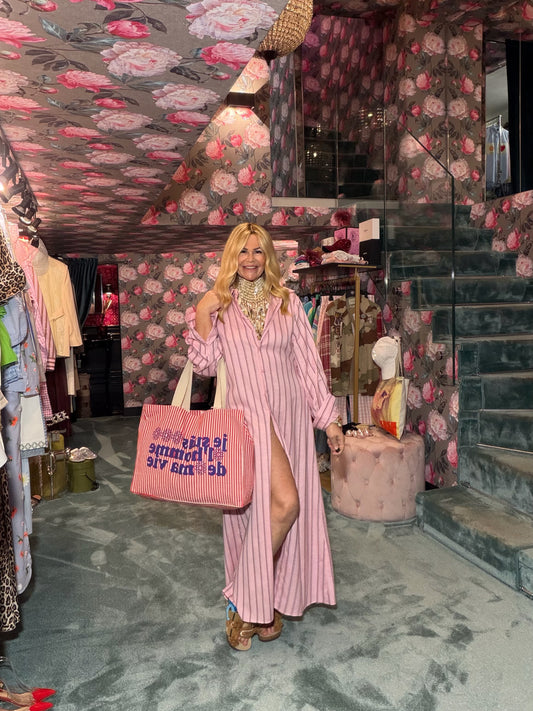 Mon amour Paris abito chemisier a righe rosa e nero con cinta