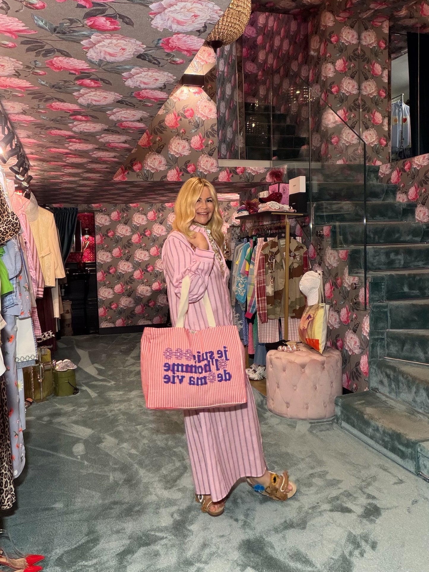 Mon amour Paris abito chemisier a righe rosa e nero con cinta