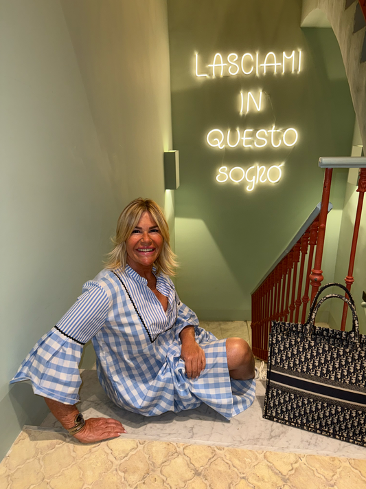 Front street abito lungo di cotone quadri celesti e bianchi
