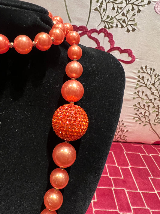 Collana perle lunga sfera cristalli arancio