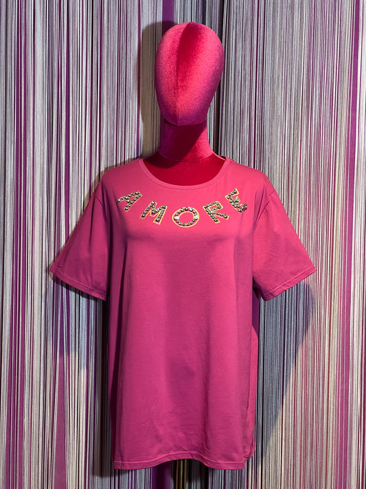 Mon amour Paris t-shirt mezza manica rosa fragola con scritta  “ amore “ con cristalli