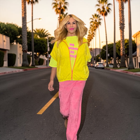 Anouk gilet in spugna disegno palme giallo flou chiusura lampo rosa fucsia