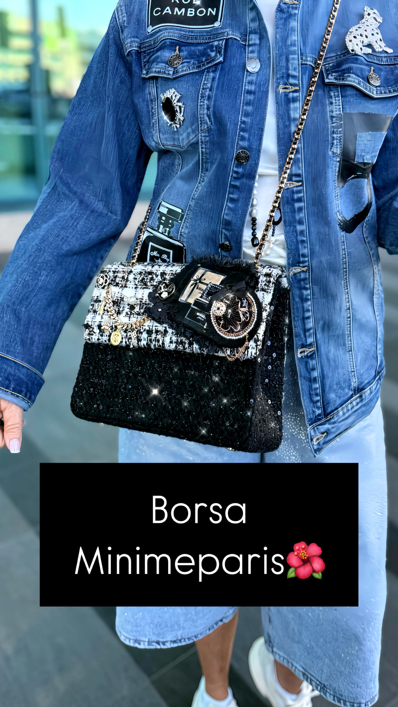 Minime Paris -50%borsa tweed nera e bianca doppia catena