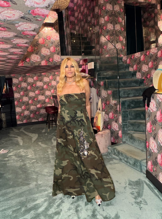 Mon amour Paris abito a fascia elastica camouflage con applicazione fiore paillettes