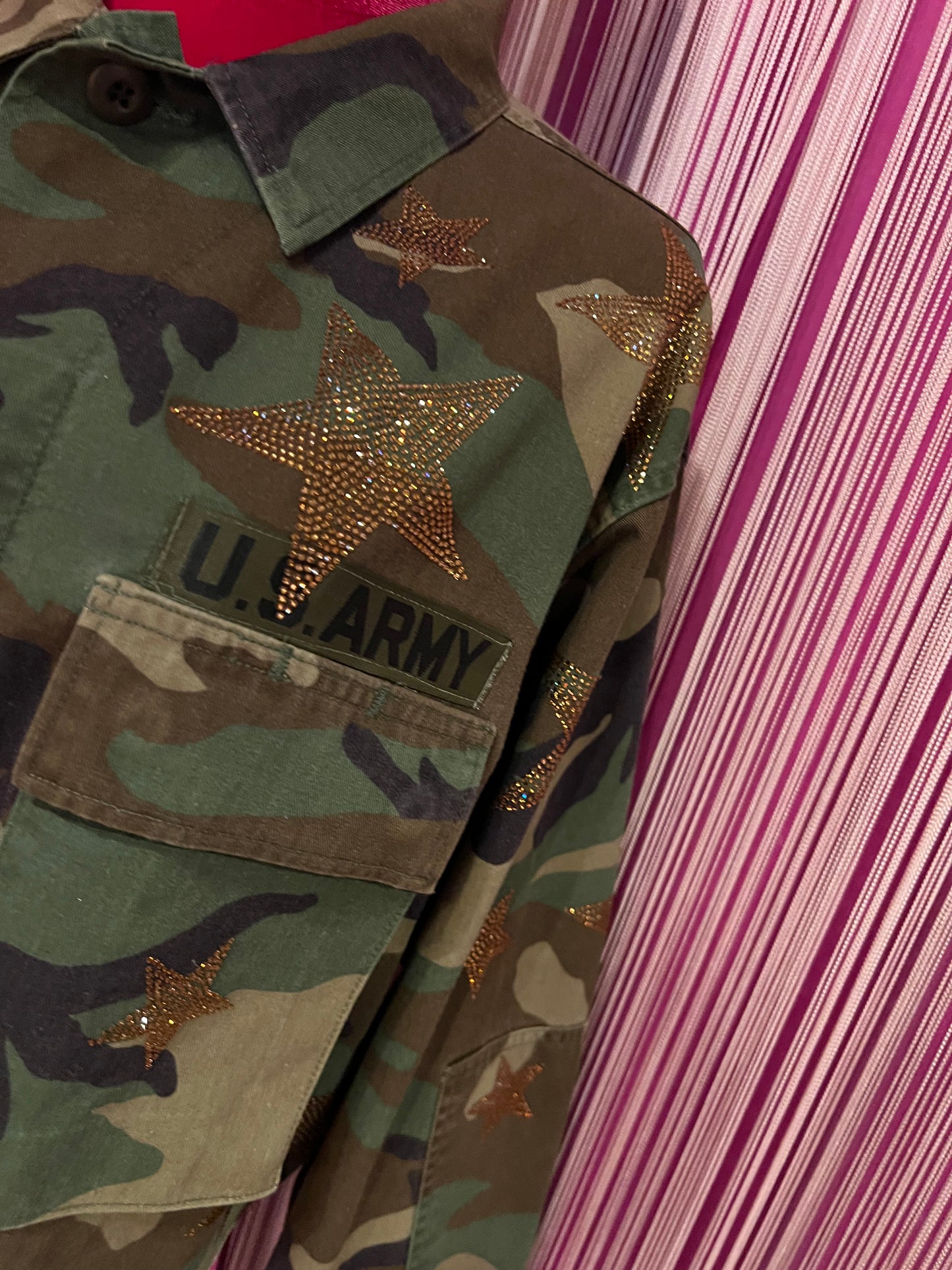 Rossano Perini giacca corta camouflage stelle strass