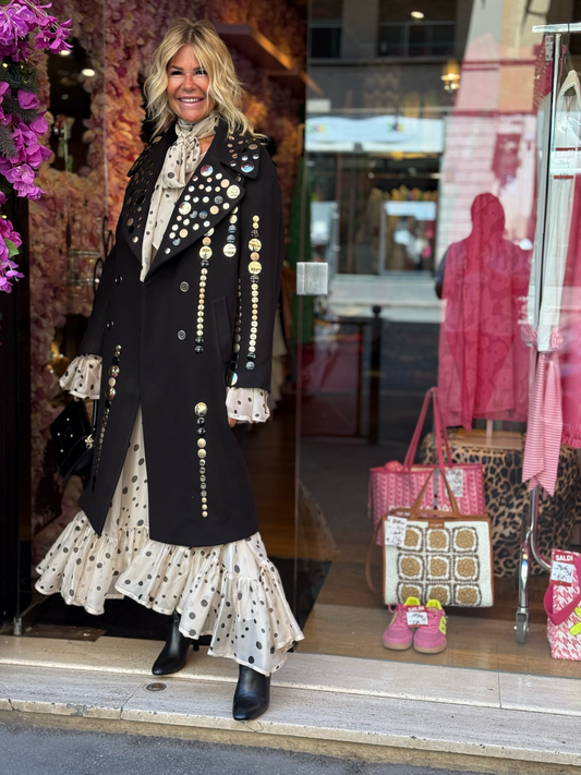 5 Progress cappotto nero con pois grandi e piccoli oro e nero in metallo