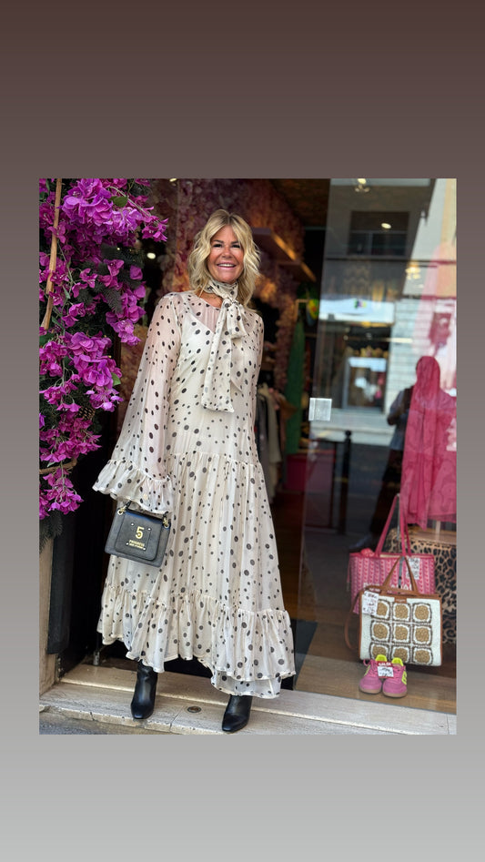 5 Progress abito lungo in chiffon a pois con foulard rimovibile