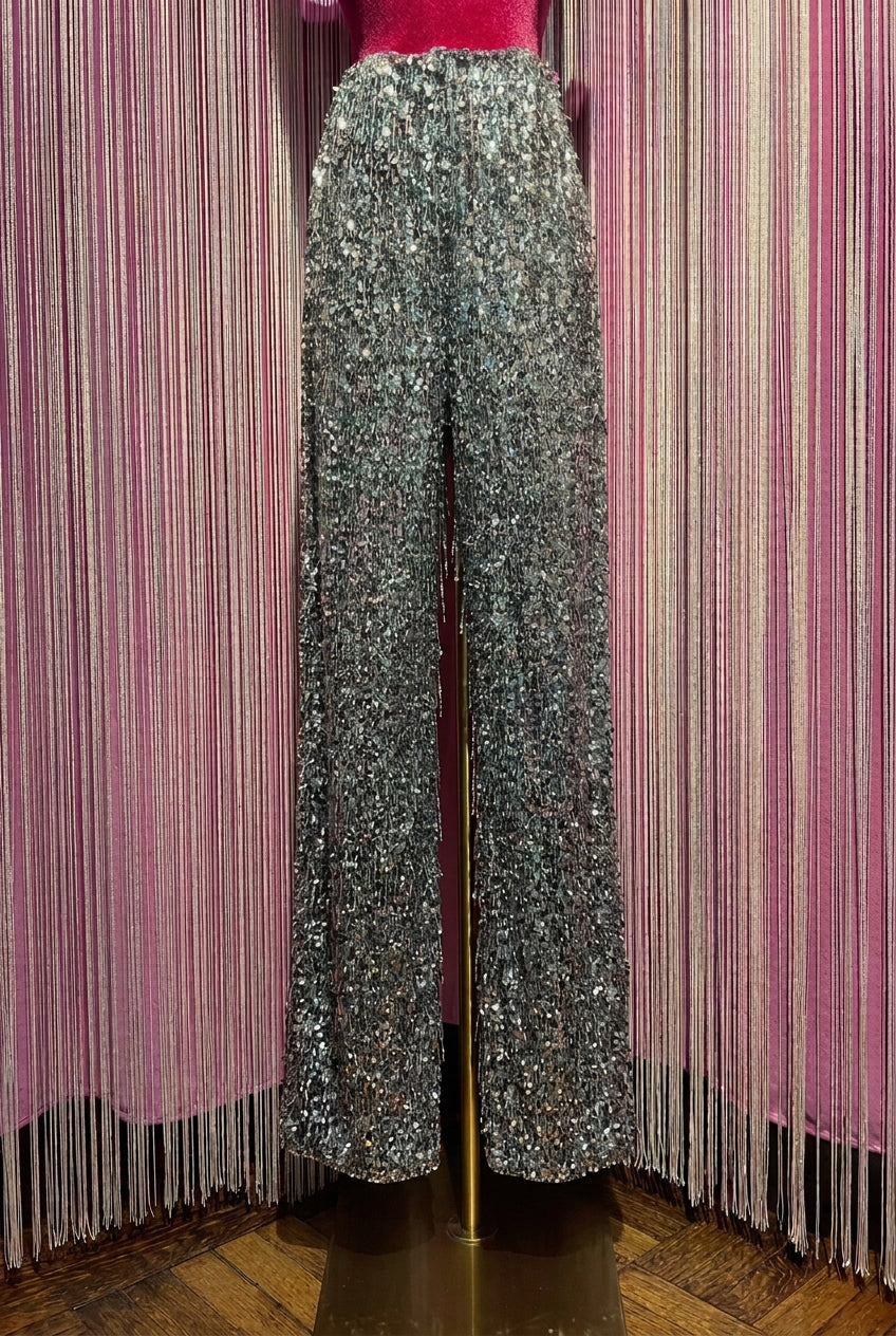 The room pantalone gamba ampia full paillettes con elastico in vita e mezza fodera in jersey
