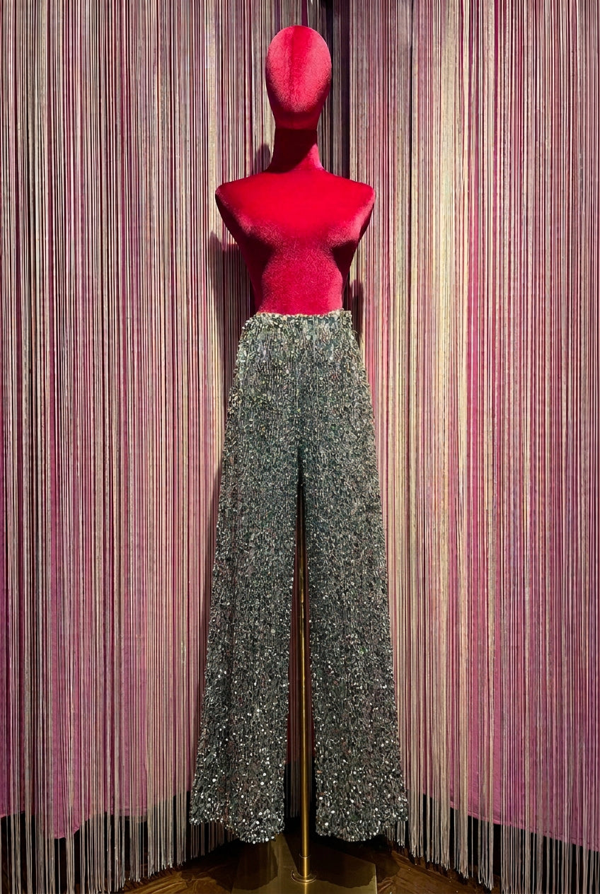 The room pantalone gamba ampia full paillettes con elastico in vita e mezza fodera in jersey